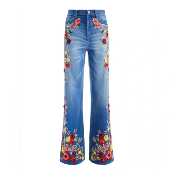 Alice + Olivia Blue Floral Embroidered Flare Jeans - Picture 7 of 15
